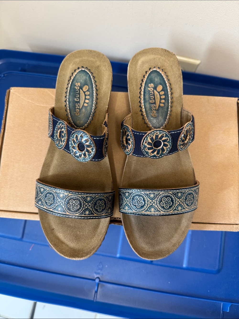 Spring Step Navy Blue Embroidered Double-Strap Slide Leather Sandals